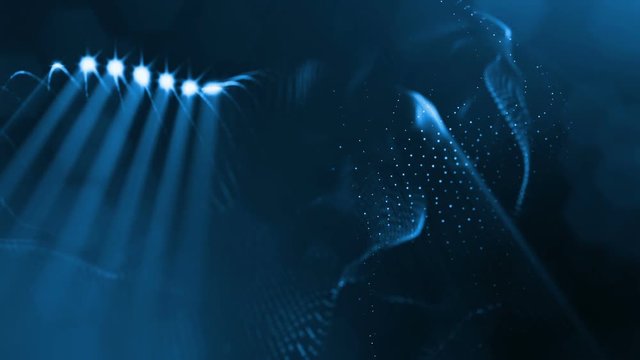 Abstract background of glowing particles with shining bokeh sparkles. Composition with luminous particles that form surface. Smooth animation looped. Blue 1