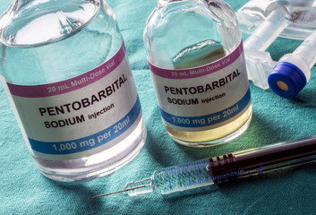 Vials with Sodium pentobarbital used for euthanasia and lethal inyecion in a hospital, conceptual image - obrazy, fototapety, plakaty