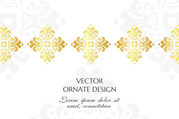 Gold decorative rhombus. Graceful horizontal banner with ornamental border on the white background. Vector design with decorative elements and copy space for wedding invitation, anniversary card 