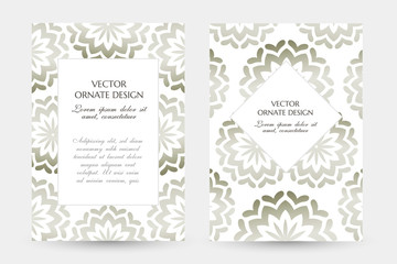 Silver floral motif. Stylish vertical posters with ornamental frames on the white background. Vector design with decoration elements and copy space for wedding invitation, anniversary cards and other.