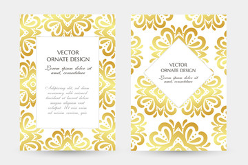 Golden floral decor. Stylish vertical posters with ornamental frames on the white background. Vector design with decoration elements and copy space for wedding invitation, anniversary cards and other.