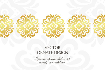 Golden floral decor. Graceful horizontal banner with ornamental border on the white background. Vector design with decorative elements and copy space for wedding invitation, anniversary card