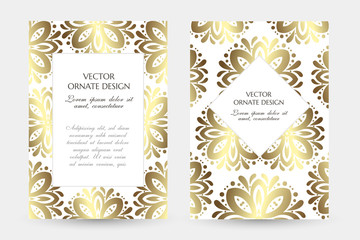 Bronze floral decor. Stylish vertical posters with ornamental frames on the white background. Vector design with decoration elements and copy space for wedding invitation, anniversary cards and other.