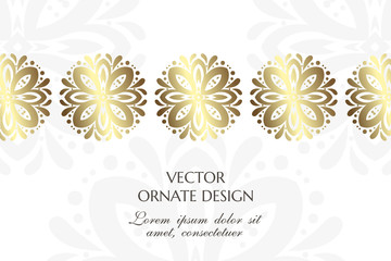 Bronze floral decor. Graceful horizontal banner with ornamental border on the white background. Vector design with decorative elements and copy space for wedding invitation, anniversary card