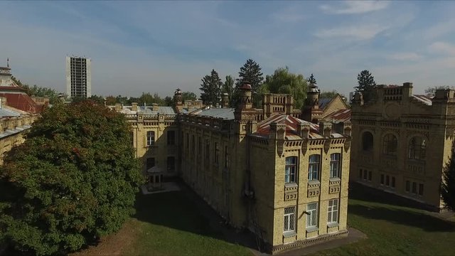 Architectural monument of the 19th century. Brick building of the main building of the Ukrainian Polytechnic University in Kiev. View from above. Drone.