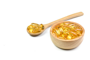 Close up to Supplementary food. Fish oil  capsules isolated on white background. Omega 3 and Vitamin E. For good health.