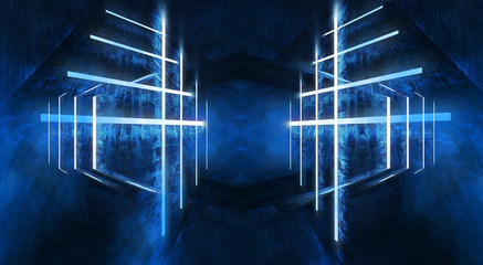 Abstract tunnel, corridor with rays of blue and pink light and neon highlights. Abstract blue and pink background, neon. Empty dark room with rays and lines. Brick walls, concrete floor. Night view. 3