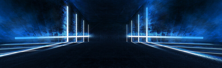 Abstract tunnel, corridor with rays of blue and pink light and neon highlights. Abstract blue and...