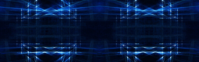 Abstract tunnel, corridor with rays of blue and pink light and neon highlights. Abstract blue and pink background, neon. Empty dark room with rays and lines. Brick walls, concrete floor. Night view. 3