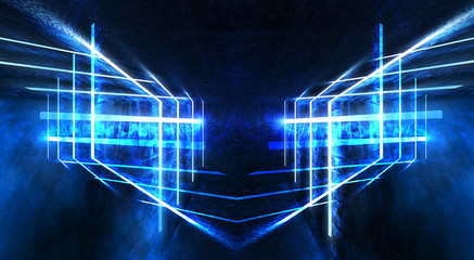 Abstract tunnel, corridor with rays of blue and pink light and neon highlights. Abstract blue and pink background, neon. Empty dark room with rays and lines. Brick walls, concrete floor. Night view. 3
