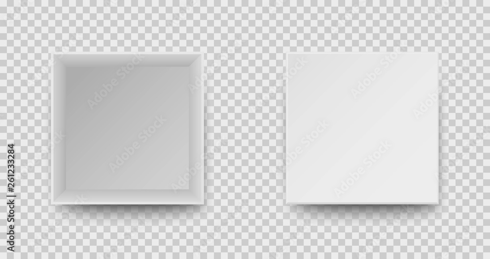 Poster realistic white box with shadow on transparent background. top view. open blank package cardboard bo
