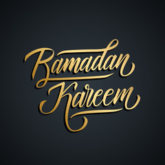 Ramadan Kareem calligraphic lettering text design card template. Creative typography for Ramadan holiday greetings and invitations. Gold color. Vector illustration.
