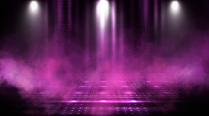Empty scene of a show with lanterns and concrete floor. Аbstract pink and purple background...
