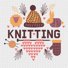 Handknitting banner vector illustration. Needle, tangle of thread. Making clothes by handknit, needlework, sewing, ball of material. Organic wool. Sheep, mittens, hat, rabbit.