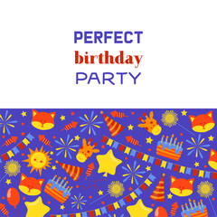 Fototapeta na wymiar Perfect birthday party badges banner, poster vector illustration. Balloons, salute, fox, present, gift, giraffe, cake with candles, colorful flags. Party decoration. Holiday for children.