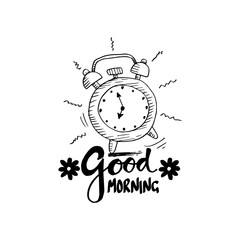 Good morning lettering with hand drawn alarm clock