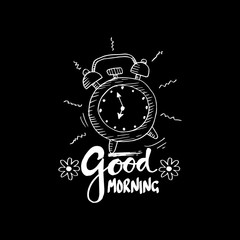 Good morning lettering with hand drawn alarm clock