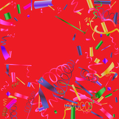Colorful colored confetti on a red background. 