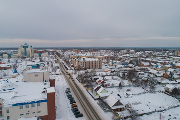 Yugorsk city. Aerial. Winter, snow, cloudy. Khanty Mansiysk Autonomous Okrug (HMAO), Russia. © flyural66
