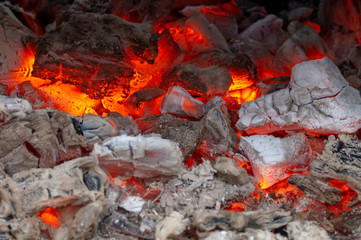 red coals of the fire close-up, the dying fire