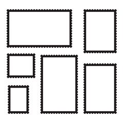 Postage stamps silhouettes. Marks icons for postcards and travel postal cards.