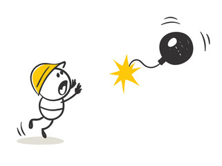 Incident.  Funny man accidentally dropped a bomb, vector illustration.