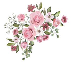 Watercolor drawing of a branch with leaves and flowers. Botanical illustration. Composition of pink roses, wildflowers and garden herbs Decorative bouquet isolated on white background. - 261237079
