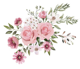Watercolor drawing of a branch with leaves and flowers. Botanical illustration. Composition of pink roses, wildflowers and garden herbs Decorative bouquet isolated on white background. - 261237085