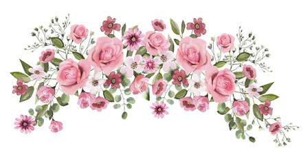 Watercolor drawing of a branch with leaves and flowers. Botanical illustration. Composition of pink roses, wildflowers and garden herbs Decorative bouquet isolated on white background.