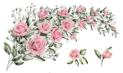 Fototapete Rosen Aquarellzeichnung einer Niederlassung mit Blättern und Blumen. Botanische Abbildung. Zusammensetzung aus rosa Rosen und Gartenkräutern. Dekorativer Blumenstrauß lokalisiert auf weißem Hintergrund.