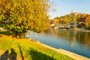 Fototapeta na wymiar Park near the Po River in autumn, Turin, Italy