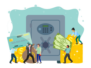 Bank safe and vault banner vector illustration, metallic iron safe door. Gold, cash, currency, financial concept, business template. Small people carrying cash, coins, credit card to bank.
