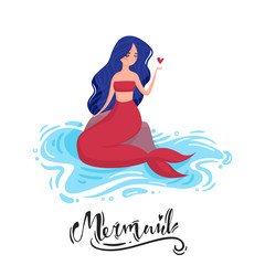 Mermaid with blue hair and red tail sits on a stone in the water and holding a heart. Lettering.