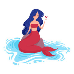 Mermaid with blue hair and red tail sits on a stone in the water and holding a heart.
