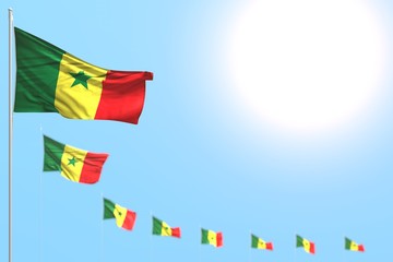 nice many Senegal flags placed diagonal with selective focus and empty space for your content - any celebration flag 3d illustration..
