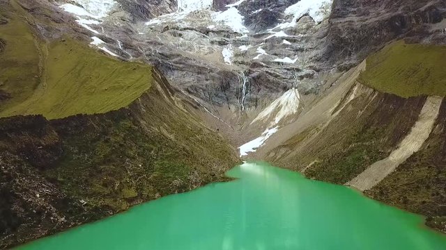 Aerial drone footage, humantay lagoon, peru