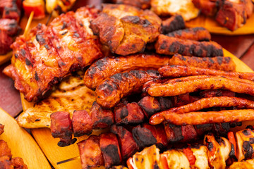 close up of mix grill served on a plate, selective focus