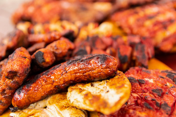 close up of mix grill served on a plate, selective focus