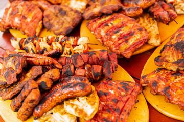 close up of mix grill served on a plate, selective focus