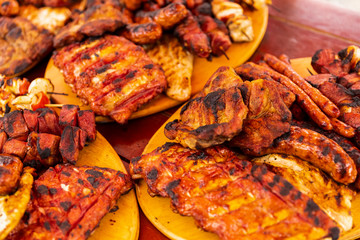 close up of mix grill served on a plate, selective focus