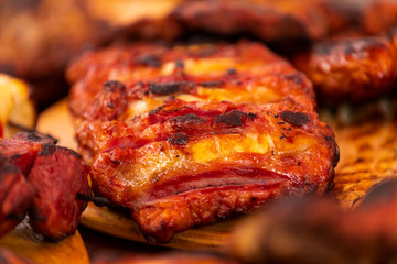 close up of mix grill served on a plate, selective focus