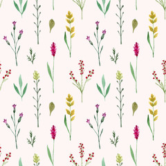 Seamless pattern watercolor wildflowers isolated on white background. Hand drawn painted flowers illustration. Summer disign