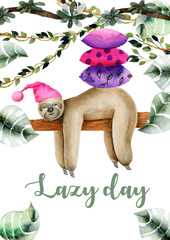 Card template with watercolor sleeping sloth, hand drawn on a white background