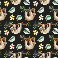 Watercolor cute sloths hanging on the trees and floral elements seamless pattern, hand drawn on a dark background © nastyasklyarova