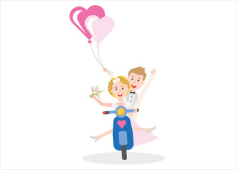 young cute wedding couple crazy in love sitting on a blue motor scooter