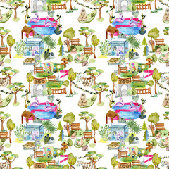 Obraz premium Watercolor sloths, flamingo and aquarium at the zoo seamless pattern, hand drawn on a white background