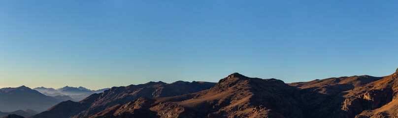 Egypt. Mount Sinai in the morning at sunrise. (Mount Horeb, Gabal Musa, Moses Mount). Pilgrimage place and famous touristic destination.