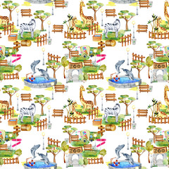 Watercolor giraffes, zebra and whales at the zoo seamless pattern, hand drawn on a white background