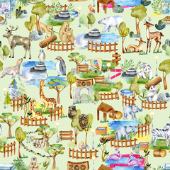 Watercolor animals at the zoo seamless pattern, hand drawn on a green background