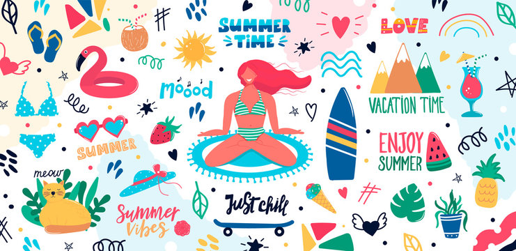 Collection of cute summer time elements handwritten lettering slogans
